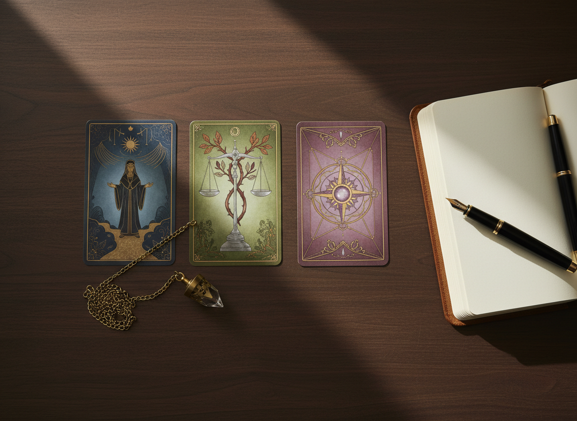 An overhead, photographic realism shot of a refined tarot reading setup focused on decision-making and crossroads. On a smooth, dark walnut table lies a three-card spread, each card featuring detailed, symbolic artwork in muted, sophisticated colors. A finely crafted brass pendulum rests diagonally across the cards, its chain coiled in a graceful curve. To the side, an open leather-bound notebook with neat, blank cream pages invites reflection. Soft, diffused afternoon light from the left creates balanced illumination with gentle shadows that emphasize texture without harsh contrast. The composition follows the rule of thirds, with the cards slightly off-center, evoking contemplation, clarity, and grounded spiritual guidance.