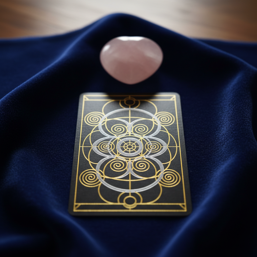 A close-up, photographic realism image of a single tarot card representing love and relationships, lying centered on a finely textured midnight-blue velvet cloth. The card back is visible, adorned with a sophisticated geometric gold and silver pattern that suggests harmony and connection, while a delicate rose quartz heart-shaped stone rests just above it. Soft, diffused side lighting creates gentle highlights on the metallic ink and subtle shadows in the velvet folds. The background is intentionally minimal and slightly out of focus, with hints of a polished wooden surface. Composed at eye level, the image evokes calm, hope, and emotional clarity, ideal for a professional tarot consultation site focused on matters of the heart.