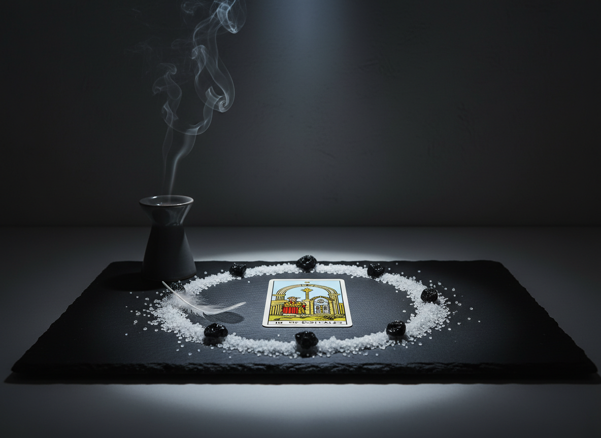 A dramatic, photographic realism scene of an energetic protection ritual without any human presence. At the center of a matte black stone slab lies a protective tarot card surrounded by a precise circle of coarse sea salt, small black tourmaline stones, and a single white feather. Wisps of incense smoke rise from a minimalist ceramic burner in the corner, curling through the air. The environment is a dim, sophisticated space with charcoal-gray walls barely suggested in the blurred background. One focused beam of cool, directional light from above highlights the card and circle, creating sharp, mystical shadows and a sense of sacred boundary. The mood is powerful, guarded, and deeply spiritual, with a clean, modern esoteric aesthetic.